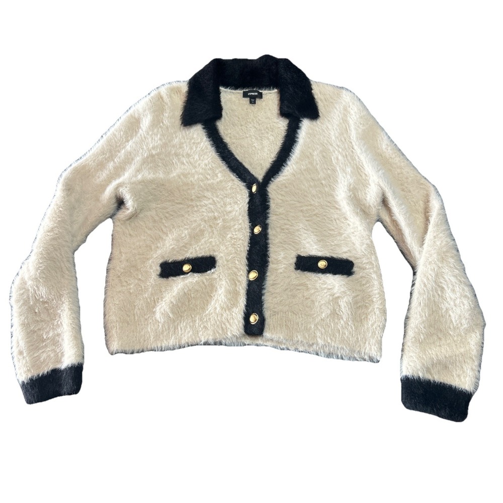 Express Tipped Faux Fur Novelty 4 Button Cardigan Cream Black Trim Sz M